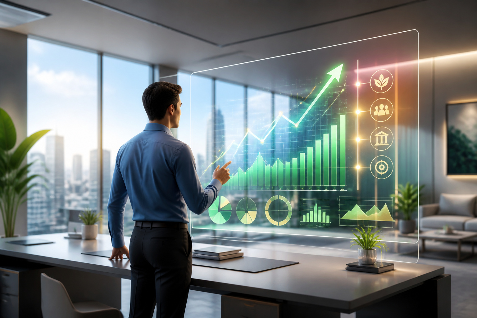 Analyst financier devant ecran interactif