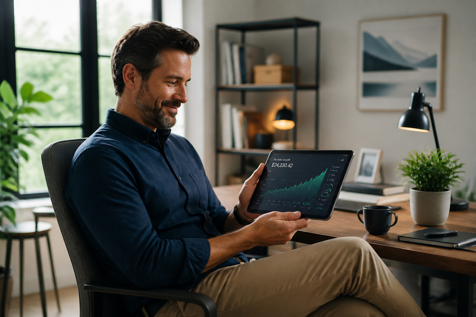 Homme confiant analysant la croissance financiere sur tablette