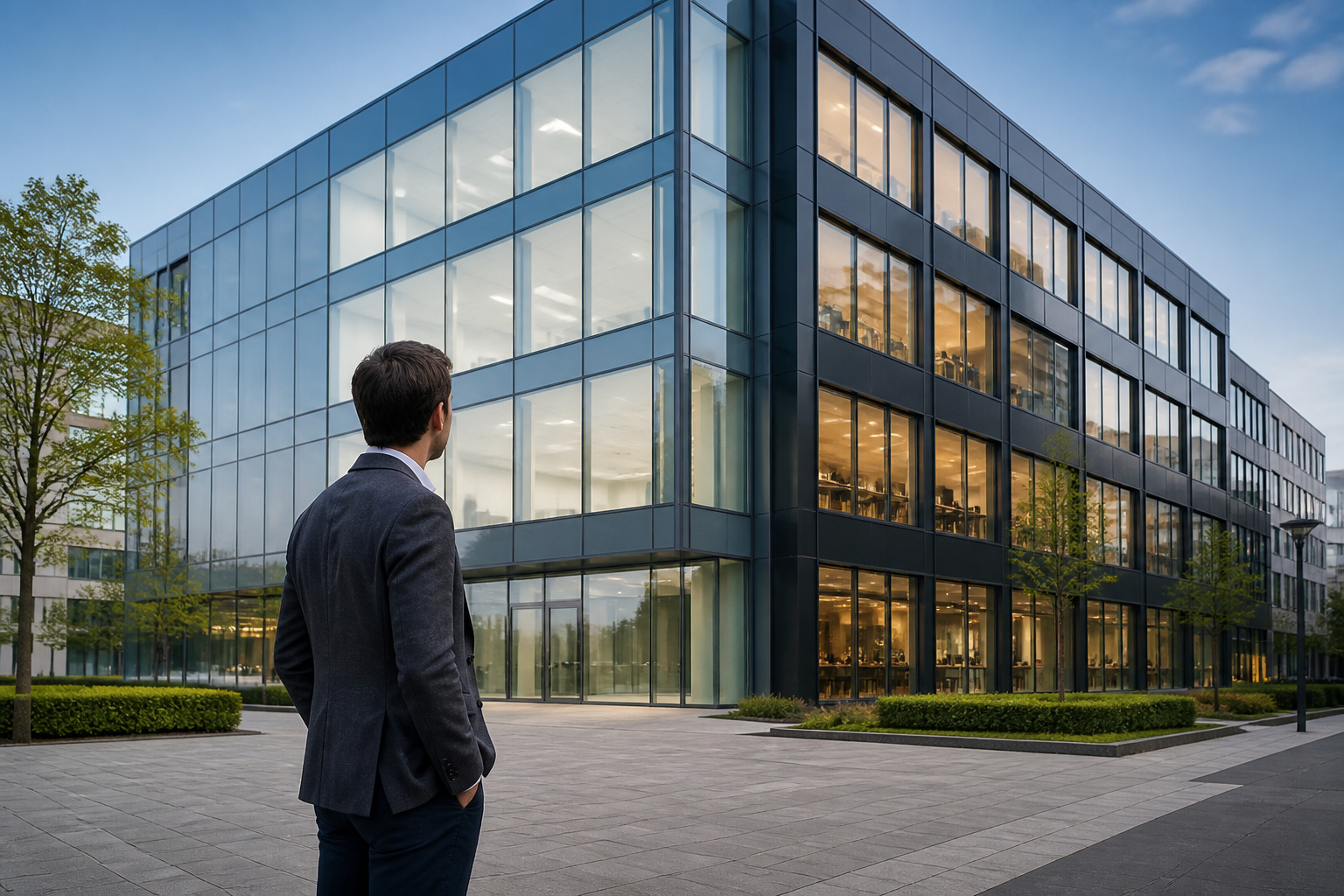 Homme daffaires face a un immeuble moderne