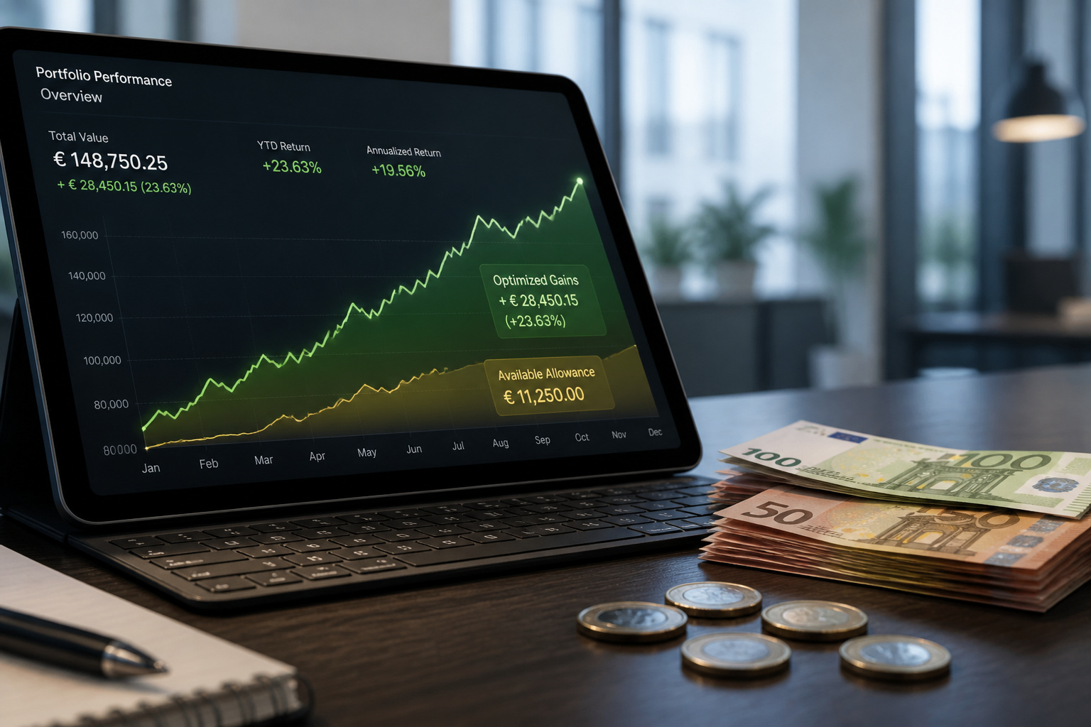 Graphique financier et argent sur un bureau