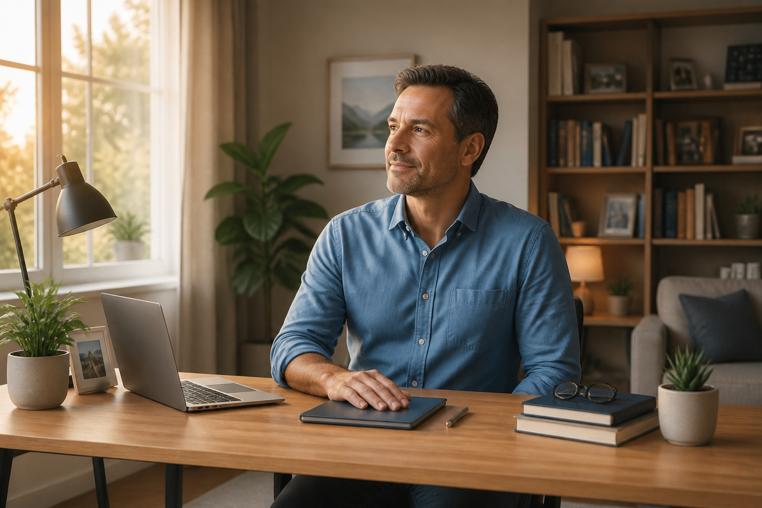 Homme pensif dans son bureau lumineux